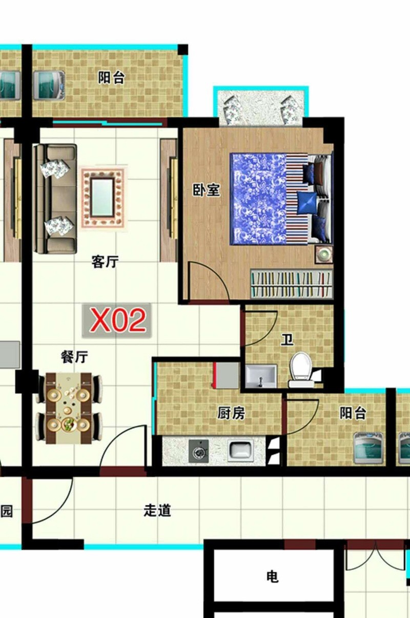 乐东·江北乐园三期X02户型图 1室2厅1厨1卫2阳台