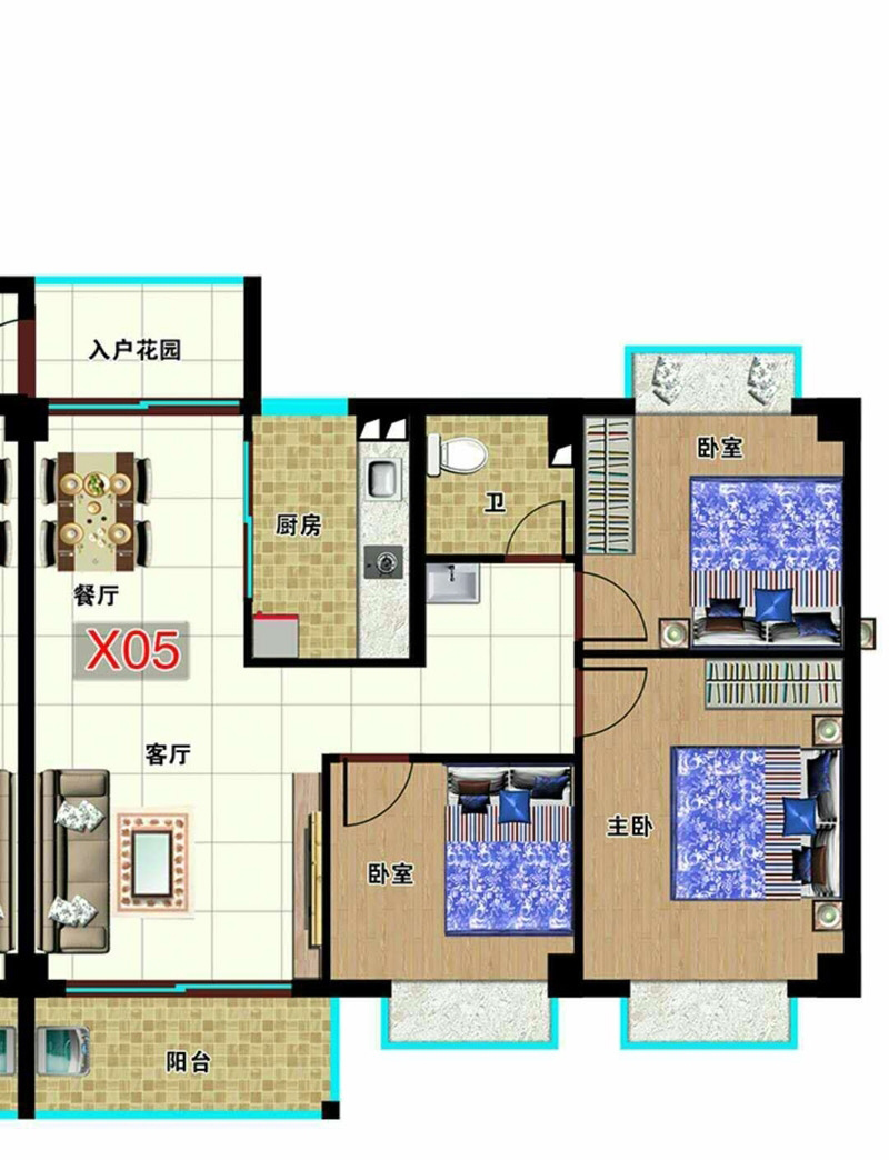 乐东·江北乐园三期X05户型图 3室2厅1厨1卫1阳台