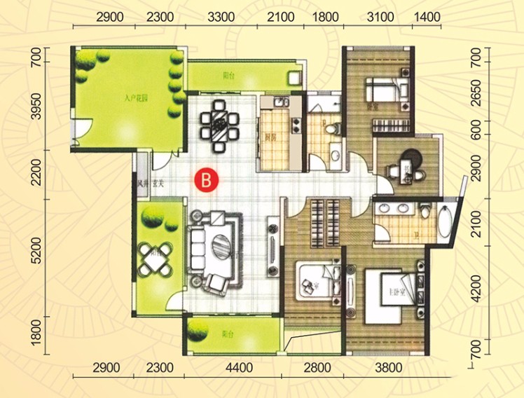 合富花园8#标准层B户平面图 4室2厅2卫1厨 179.89㎡